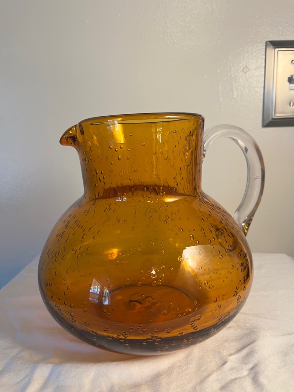 Amber Bubble Glass Pitcher with Clear Handle